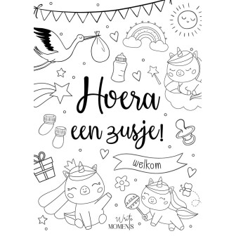 Inkleurkaart 'Hoera, een zusje!' – Set van 10
