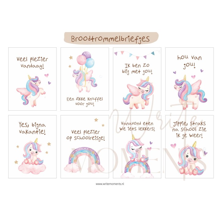 Unicorn broodtrommelbriefjes – vrolijke lunch briefjes