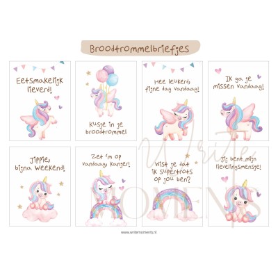 Unicorn broodtrommelbriefjes – vrolijke lunch briefjes