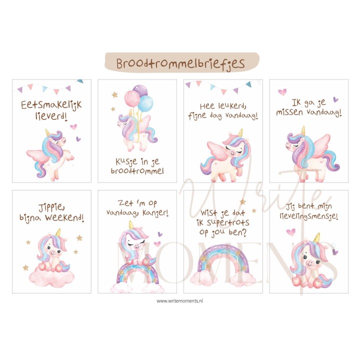 Unicorn broodtrommelbriefjes – vrolijke lunch briefjes