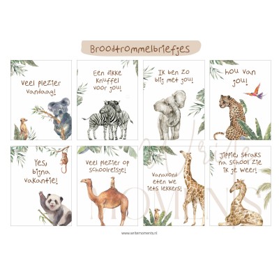 Broodtrommelbriefjes safari - vrolijke lunch briefjes